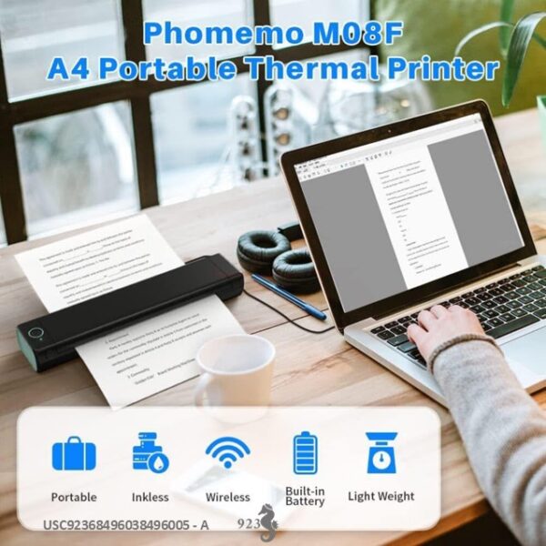 Portable Printers M08f A4 Wireless For Travel Thermal Printer  Use For Mobile Office, Support 8.26"X11.69" A4 Size Thermal Pape-USC92368496038496005