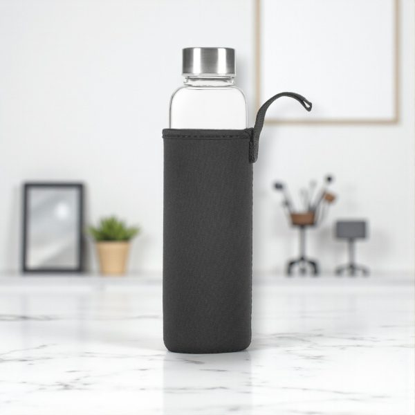 زجاجة شرب زجاجية فاخرة سعة 600 مل من ديمونو - زجاجة مياه رياضية مضادة للكسر مع فلتر من الستانلس ستيل وغطاء حراري من النايلون - اسود