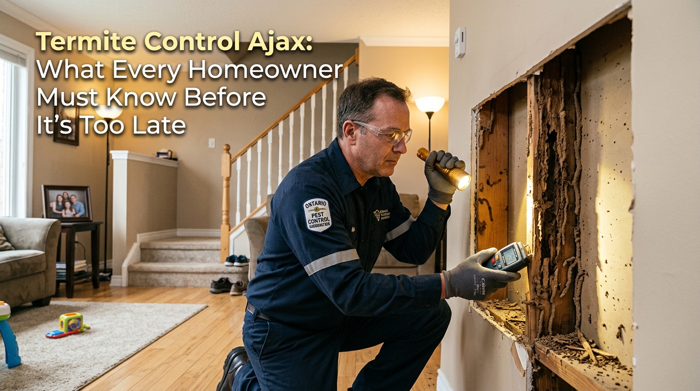 Termite Control Ajax: What Every Homeowner Must Know Before It’s Too Late – professional pest control technician inspecting severe termite damage inside a residential wall using flashlight and detection device in a home interior.
